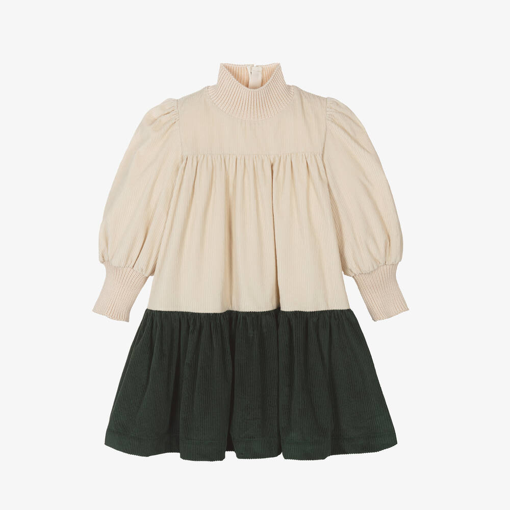 The Middle Daughter - Girls Ivory & Green Tiered Corduroy Dress | Childrensalon