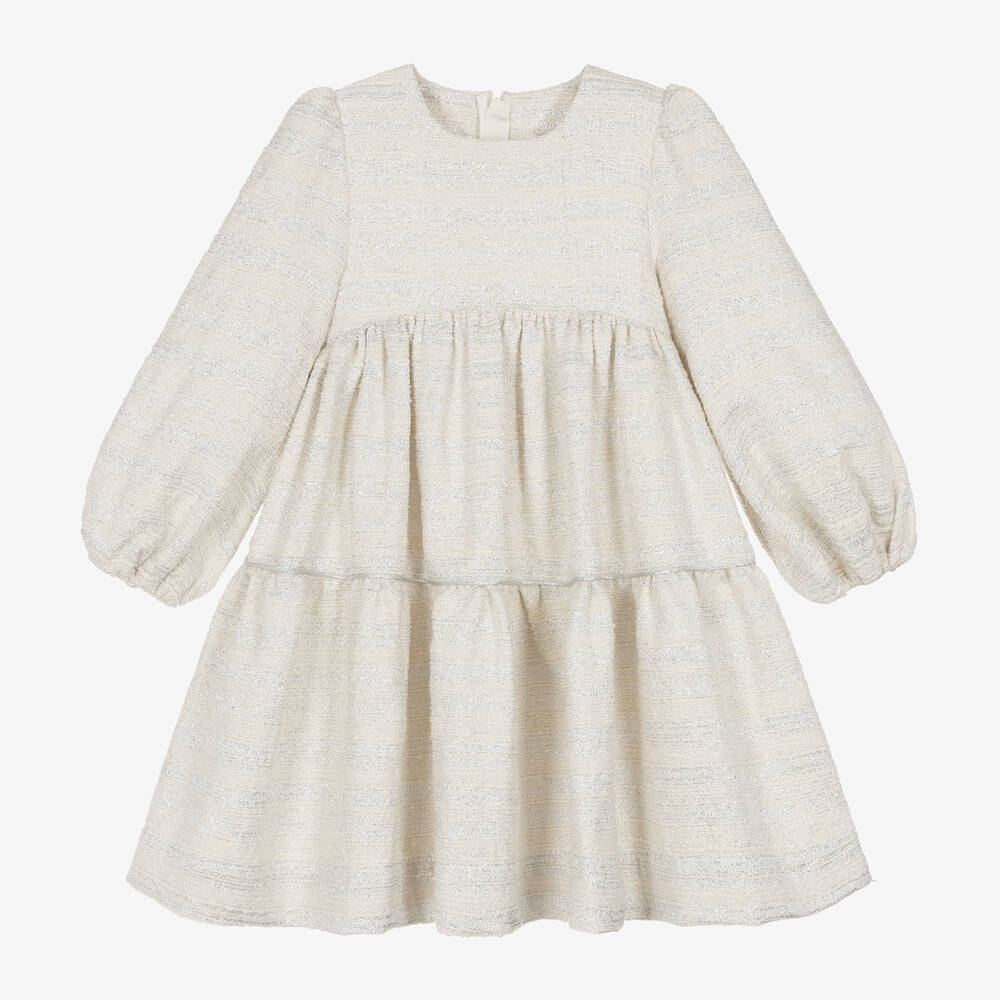 The Middle Daughter - Girls Ivory & Silver Tiered Dress | Childrensalon