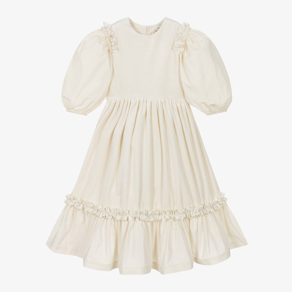 The Middle Daughter - Girls Ivory Velour & Poplin Dress | Childrensalon