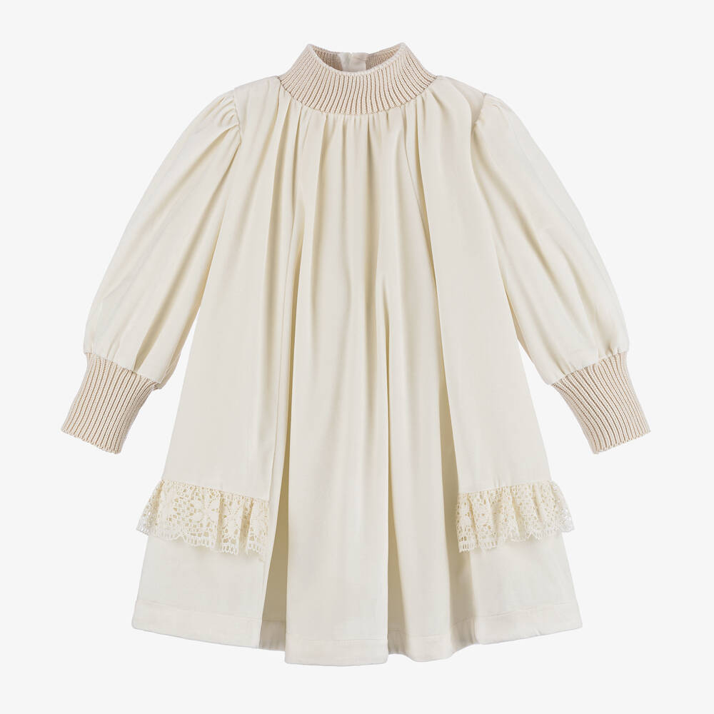 The Middle Daughter - Girls Ivory Velvet & Lace Dress | Childrensalon