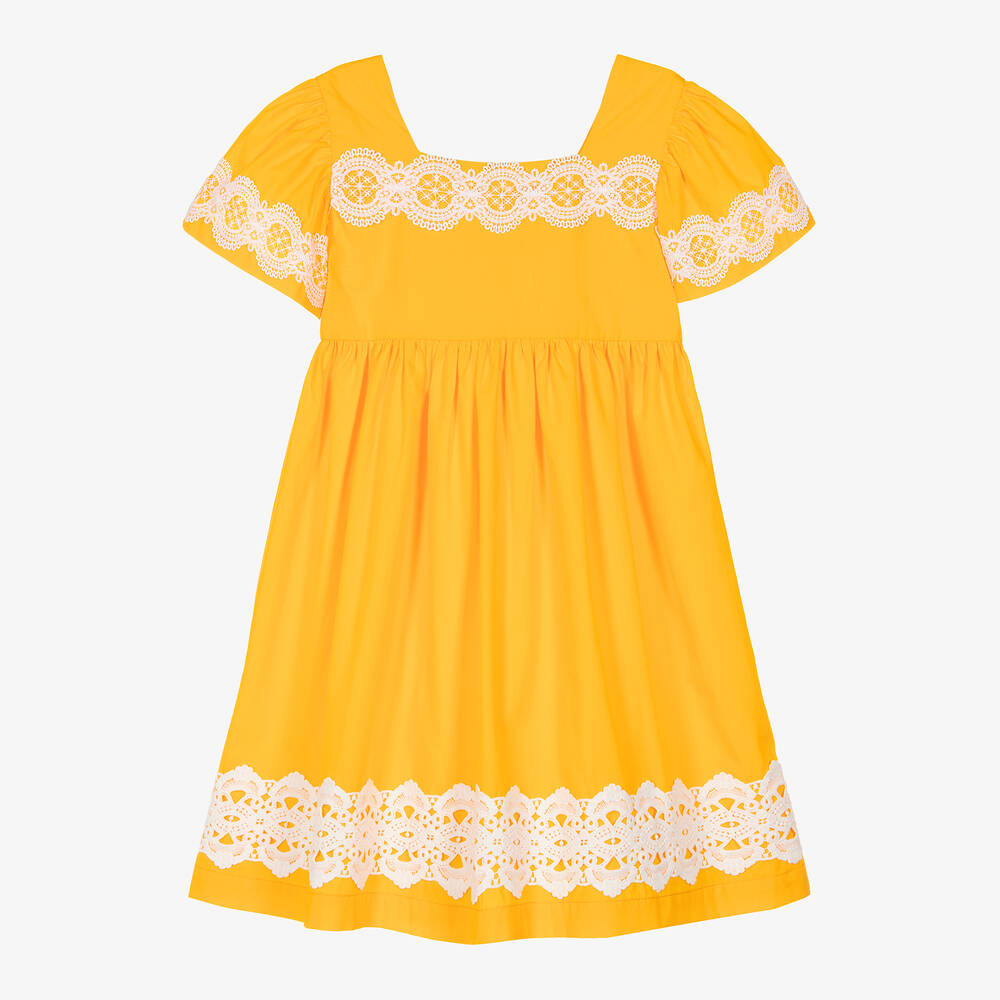The Middle Daughter - Girls Orange Cotton & White Lace Dress | Childrensalon