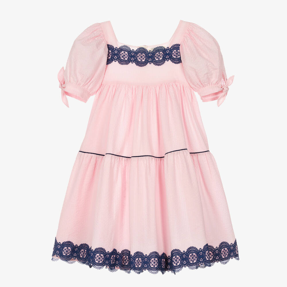 The Middle Daughter - Girls Pink & Blue Cotton Tiered Dress | Childrensalon