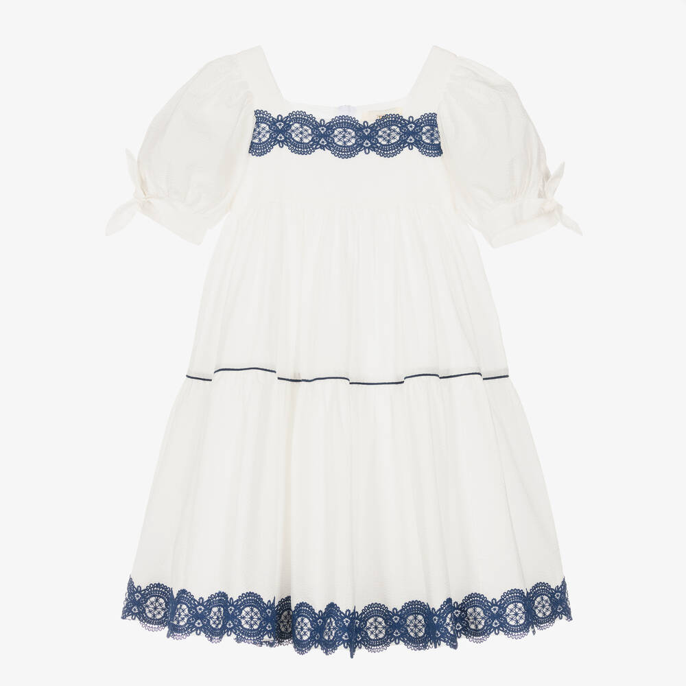 The Middle Daughter - Girls White & Blue Cotton Tiered Dress | Childrensalon