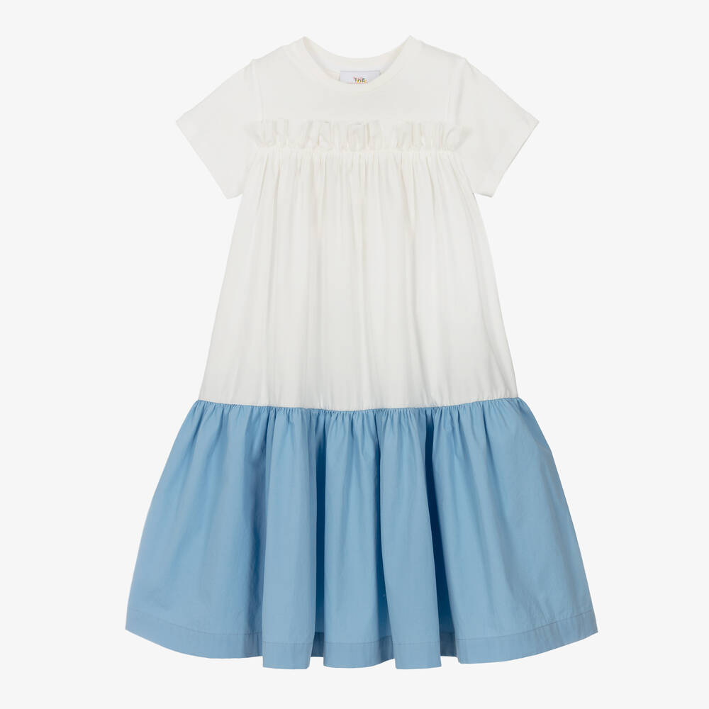 The Middle Daughter - فستان بطبقات قطن بوبلين لون أبيض وأزرق | Childrensalon