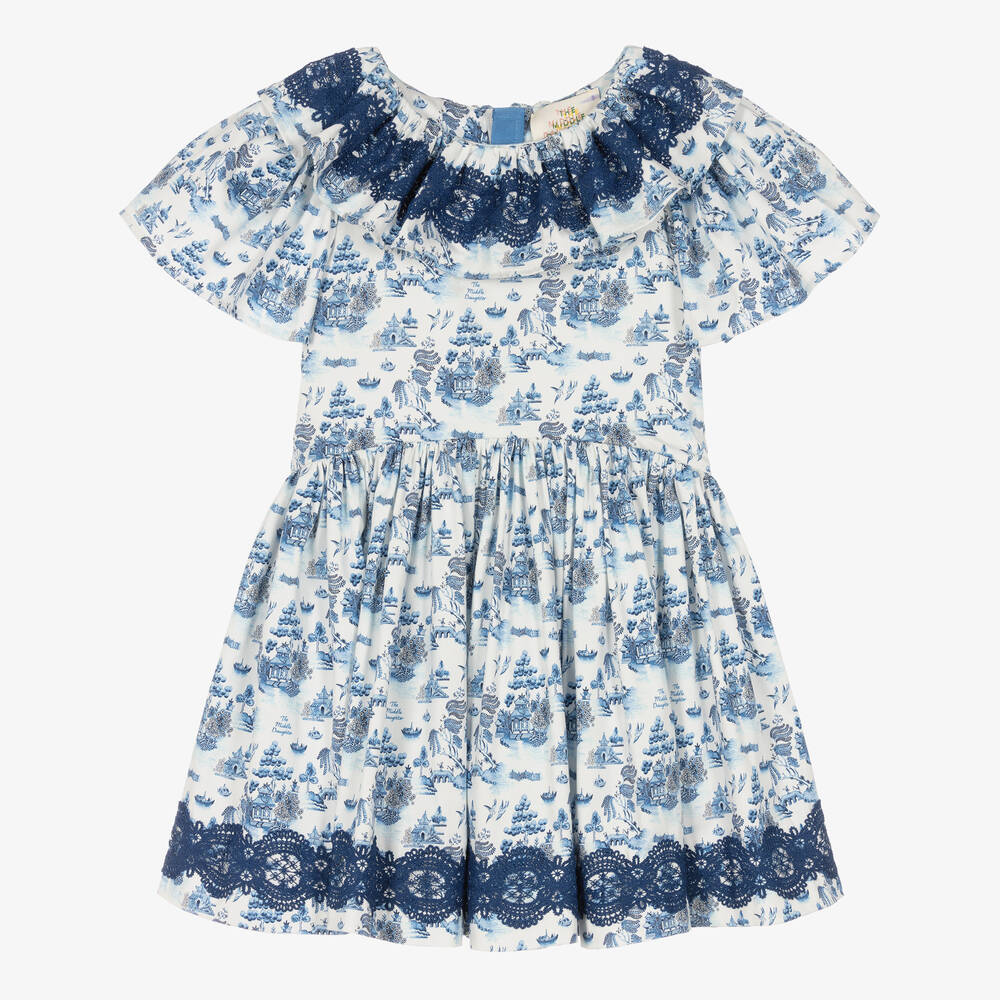 The Middle Daughter - Girls White & Blue Willow Pattern Dress | Childrensalon