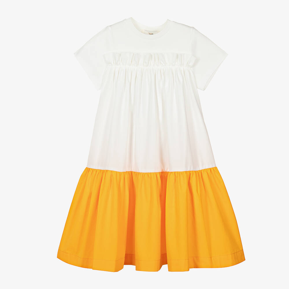 The Middle Daughter - فستان بطبقات قطن بوبلين لون أبيض وبرتقالي | Childrensalon