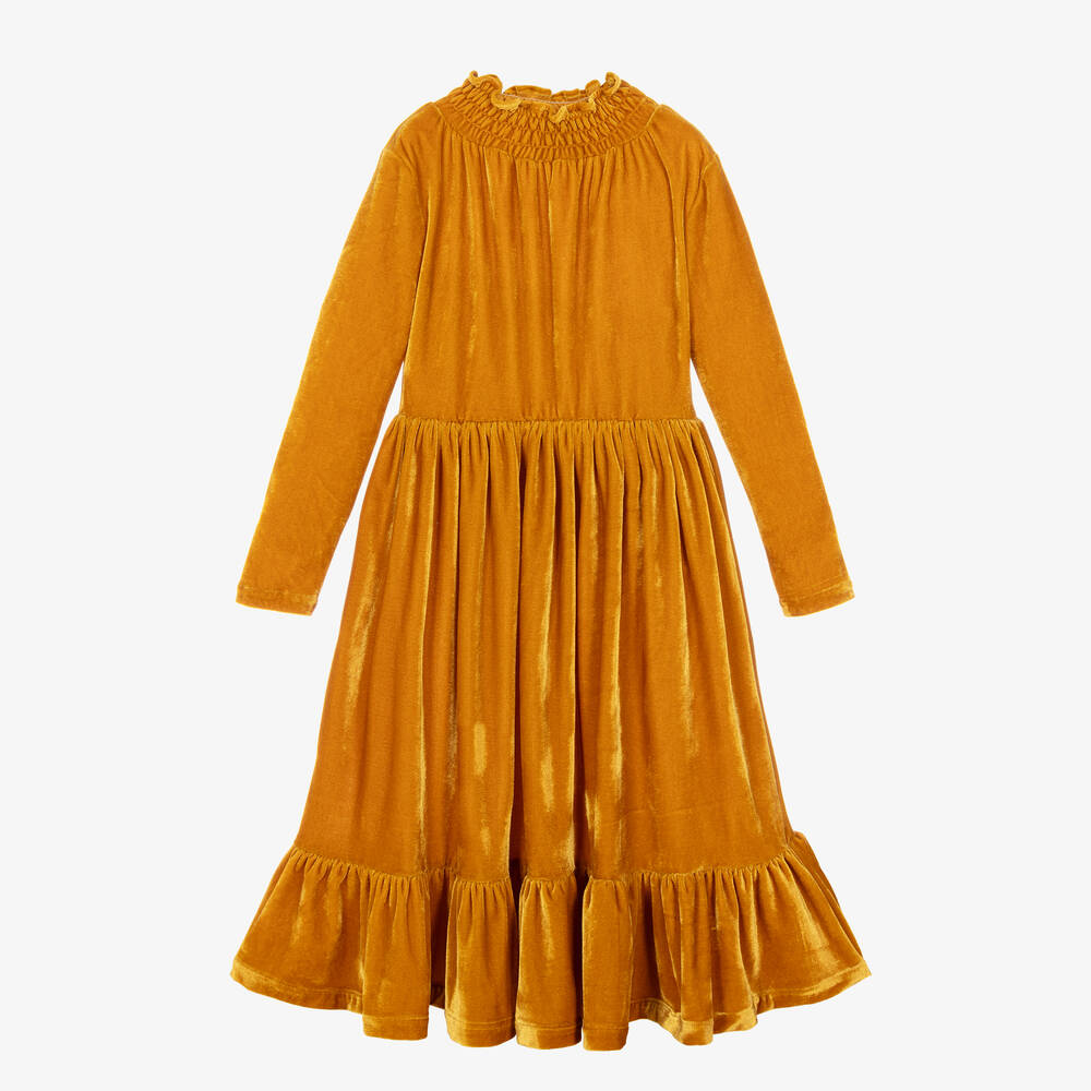 The Middle Daughter - Girls Yellow Tiered Velour Dress | Childrensalon