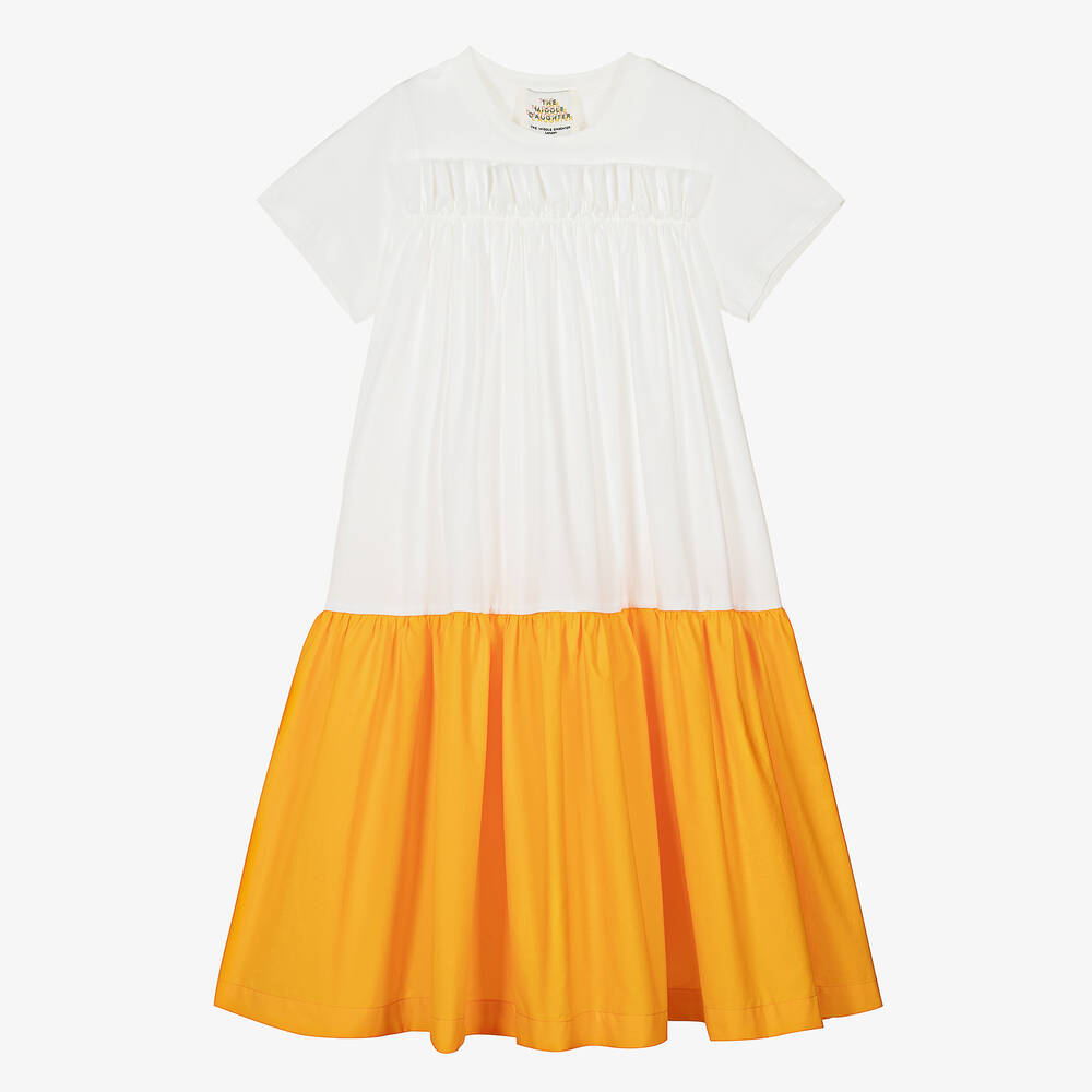 The Middle Daughter - Teen Girls White & Orange Tiered Dress | Childrensalon