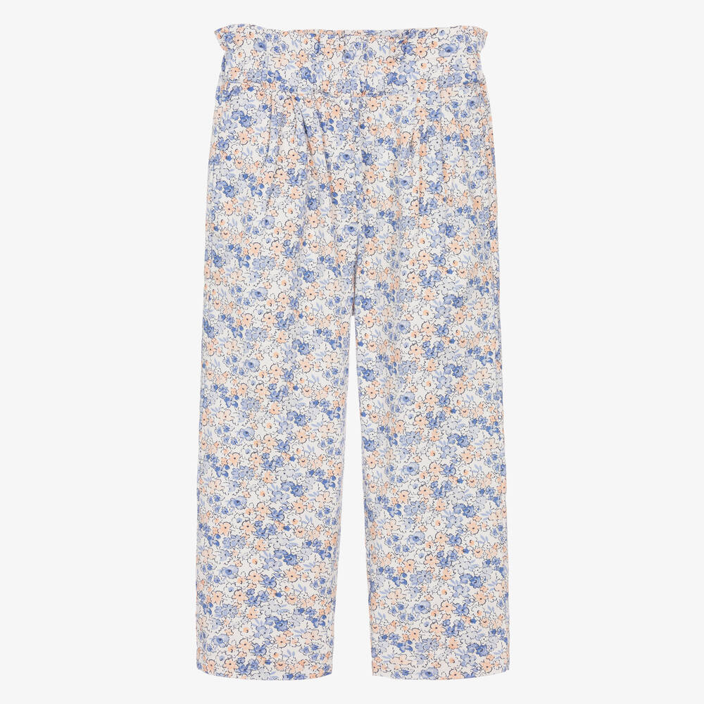 The New Society - Girls Blue & Pink Floral Cotton Trousers | Childrensalon