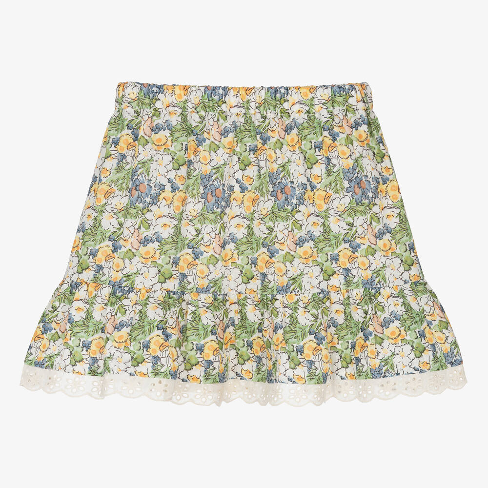 The New Society - Girls Ivory & Green Floral Linen Skirt | Childrensalon