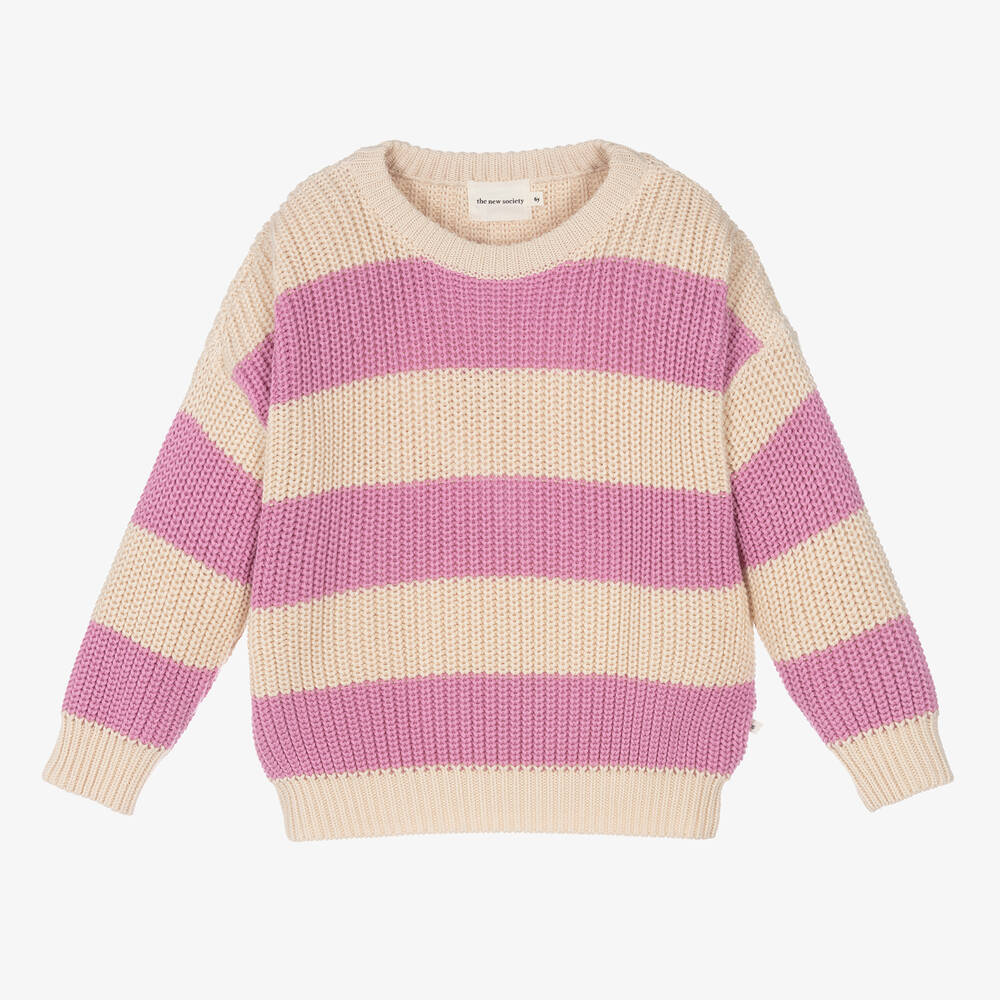 The New Society - Girls Ivory & Purple Cotton Knit Sweater | Childrensalon