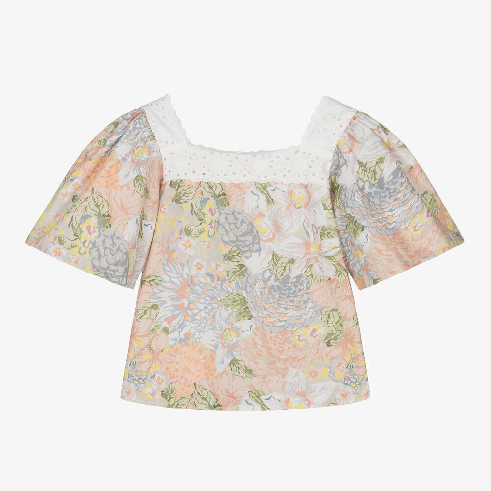The New Society - Girls Pink & Green Cotton Floral Blouse | Childrensalon