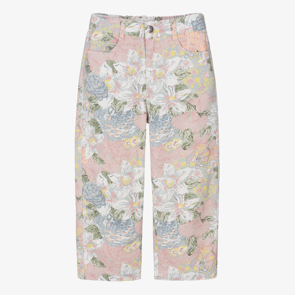 The New Society - Girls Pink & Green Cotton Floral Trousers | Childrensalon