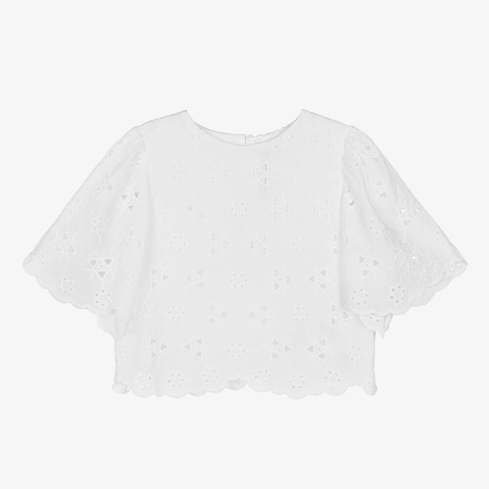 The New Society - Girls White Cotton Broderie Anglaise Blouse | Childrensalon