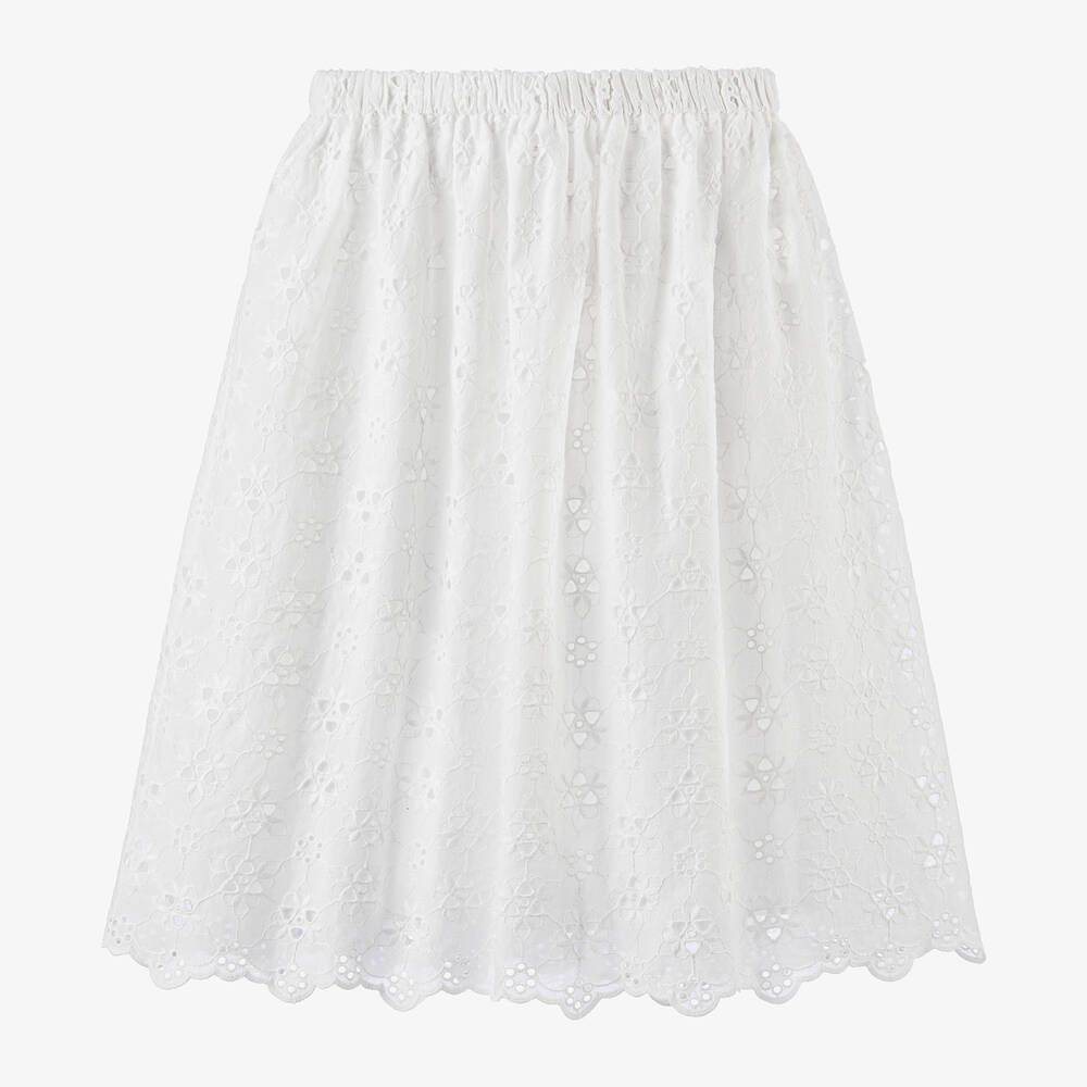 The New Society - Girls White Cotton Broderie Anglaise Skirt | Childrensalon