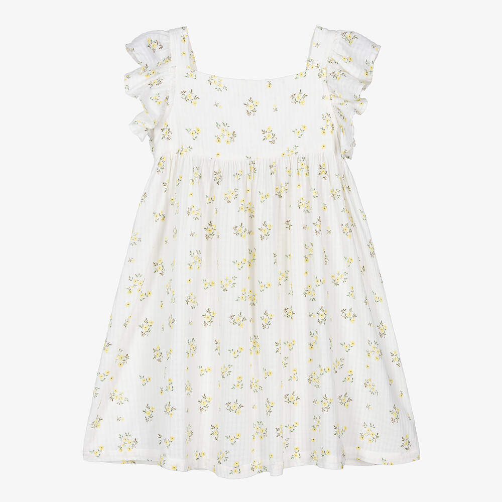 The New Society - Girls White Floral Cotton Dress | Childrensalon