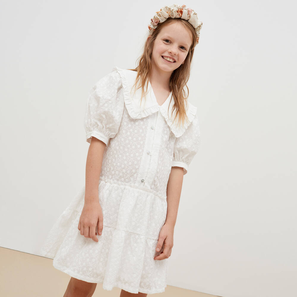The New Society - Girls White Floral Embroidered Dress | Childrensalon