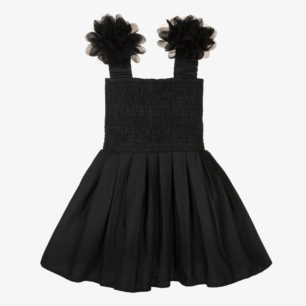 The Tiny Universe - Girls Black Cotton Flower Dress | Childrensalon