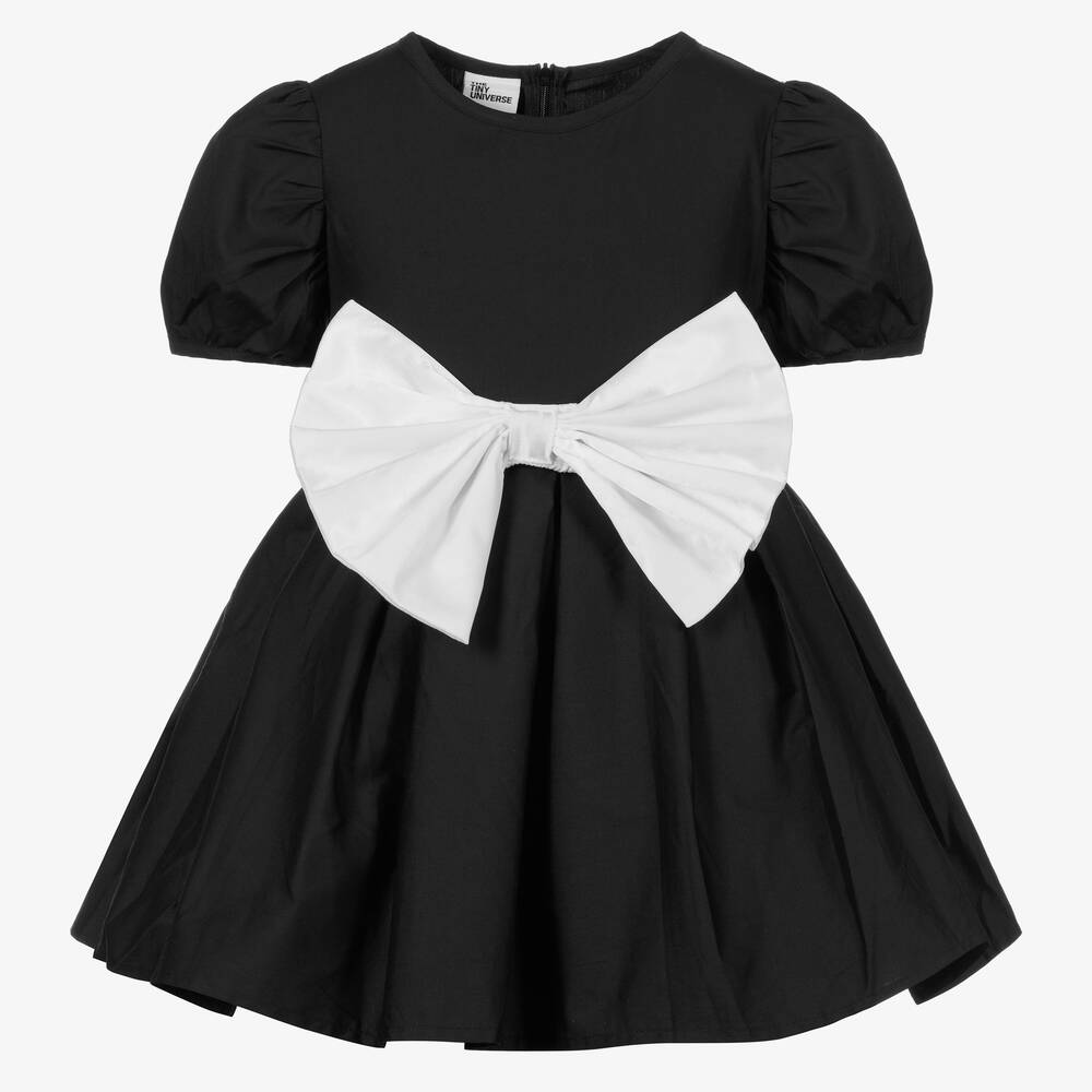 The Tiny Universe - Girls Black Cotton & White Bow Dress | Childrensalon