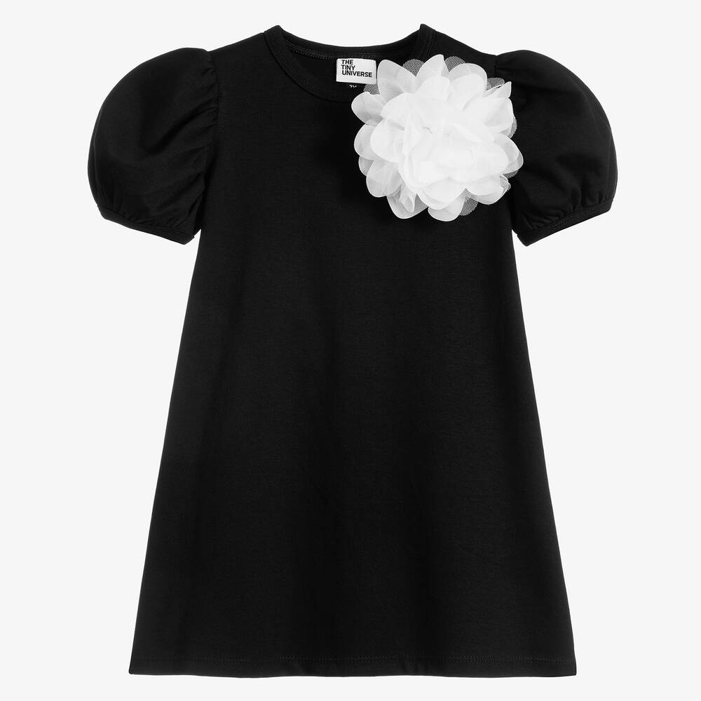 The Tiny Universe - Girls Black Organic Cotton Flower Dress | Childrensalon