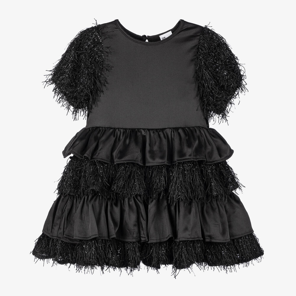 The Tiny Universe - Girls Black Tiered Satin Dress | Childrensalon