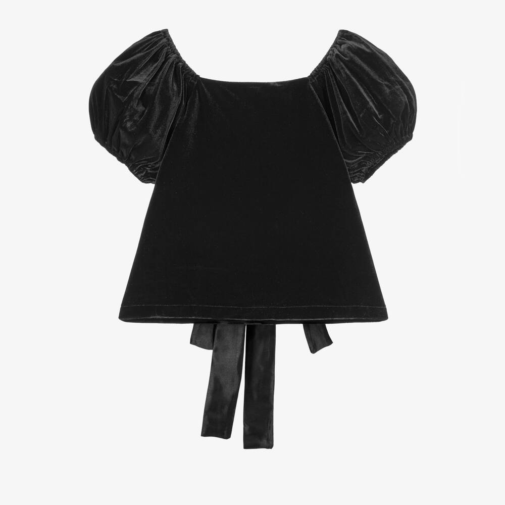 The Tiny Universe - Girls Black Velour Bow Blouse | Childrensalon