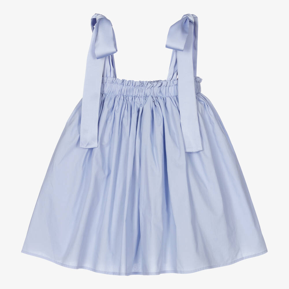 The Tiny Universe - Girls Blue Cotton Bow Strap Dress | Childrensalon
