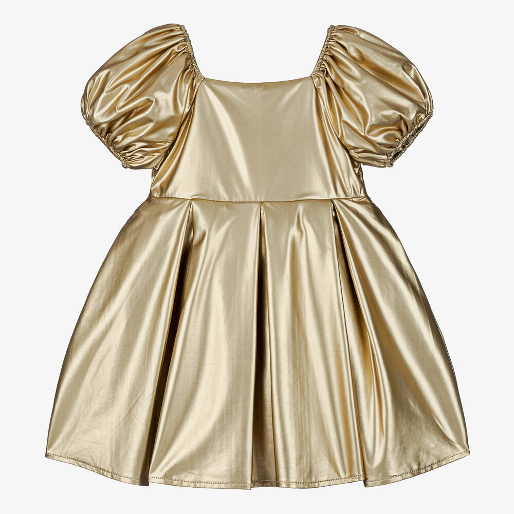 The Tiny Universe - Girls Metallic Gold Satin Dress | Childrensalon