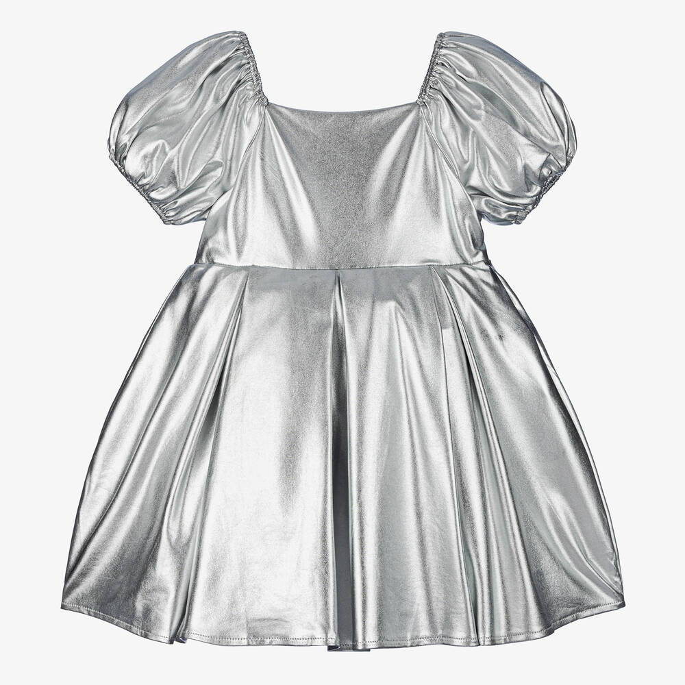 The Tiny Universe - Girls Metallic Silver Satin Dress | Childrensalon