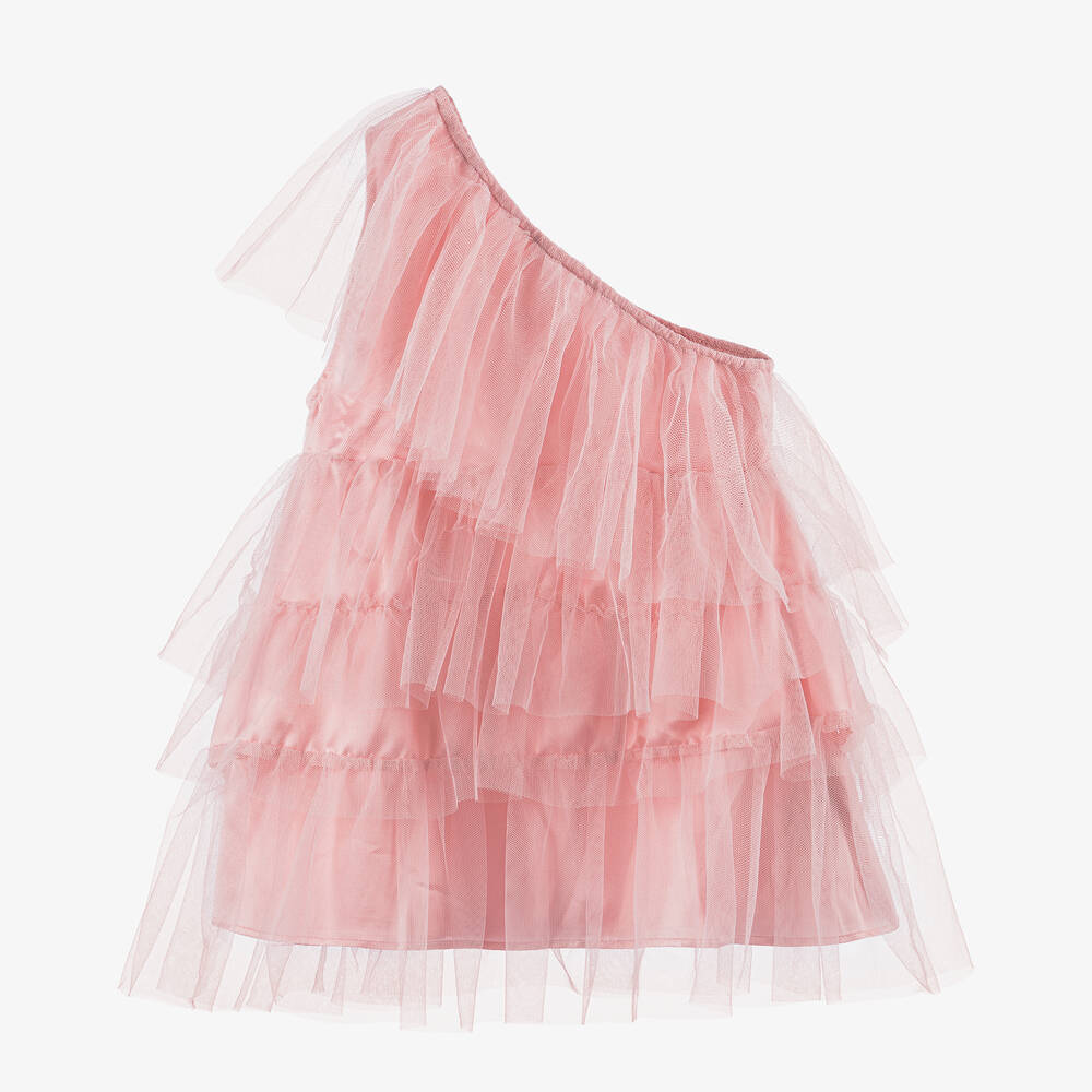The Tiny Universe - Girls Pink Asymmetric Tulle Dress | Childrensalon