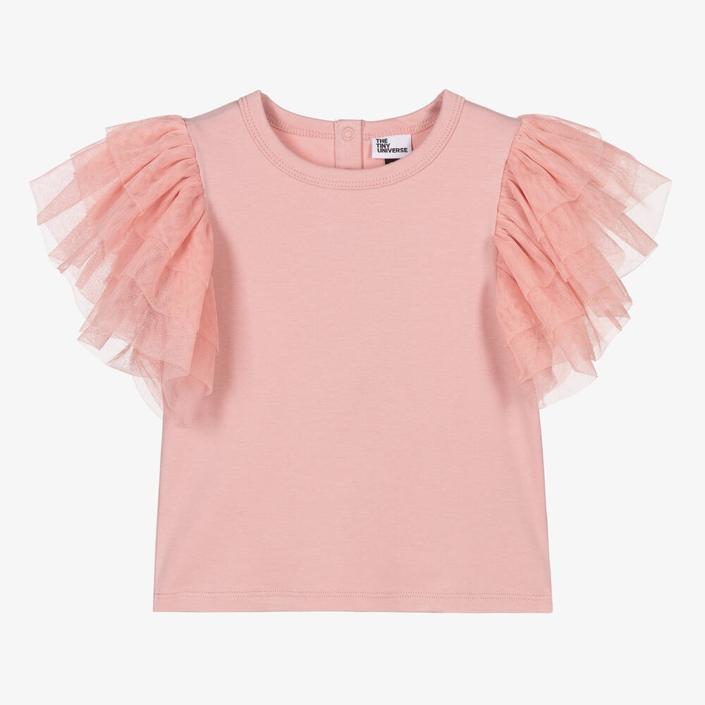The Tiny Universe - Girls Pink Cotton & Tulle Top | Childrensalon