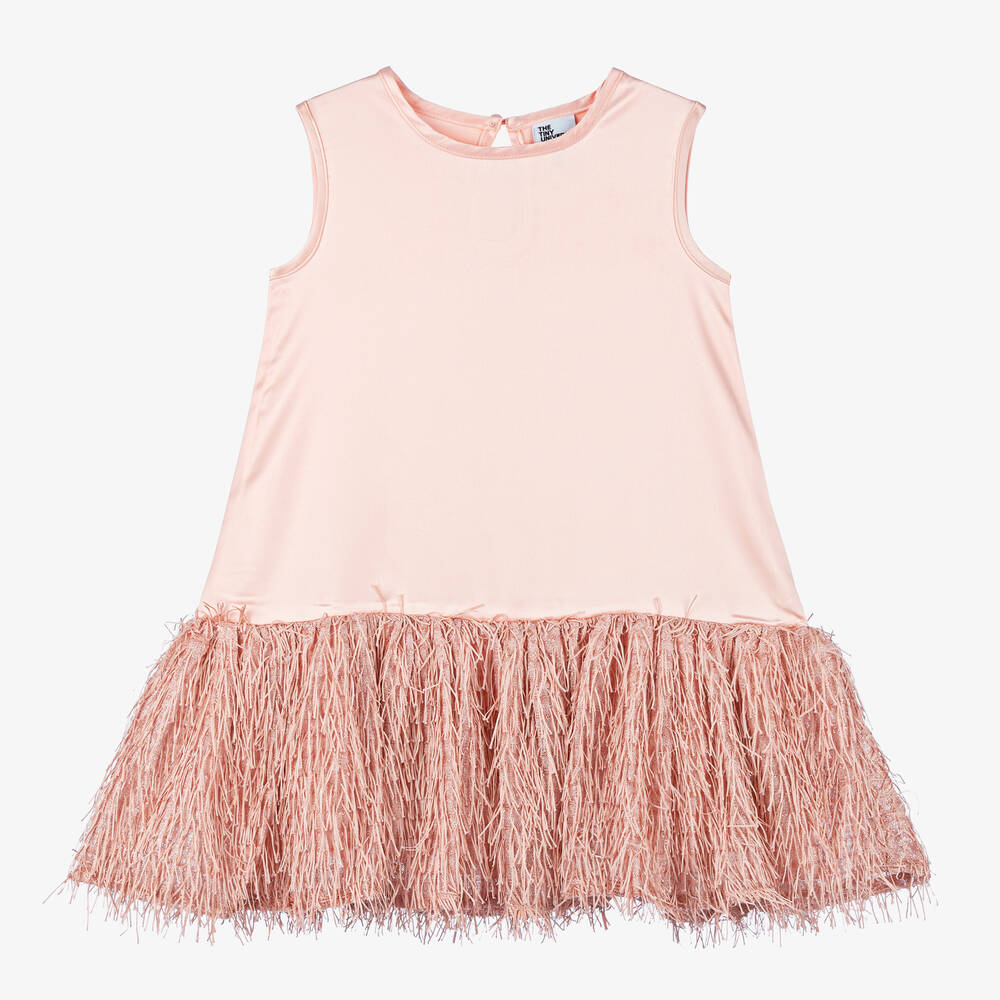 The Tiny Universe - Girls Pink Feathery Satin Dress | Childrensalon