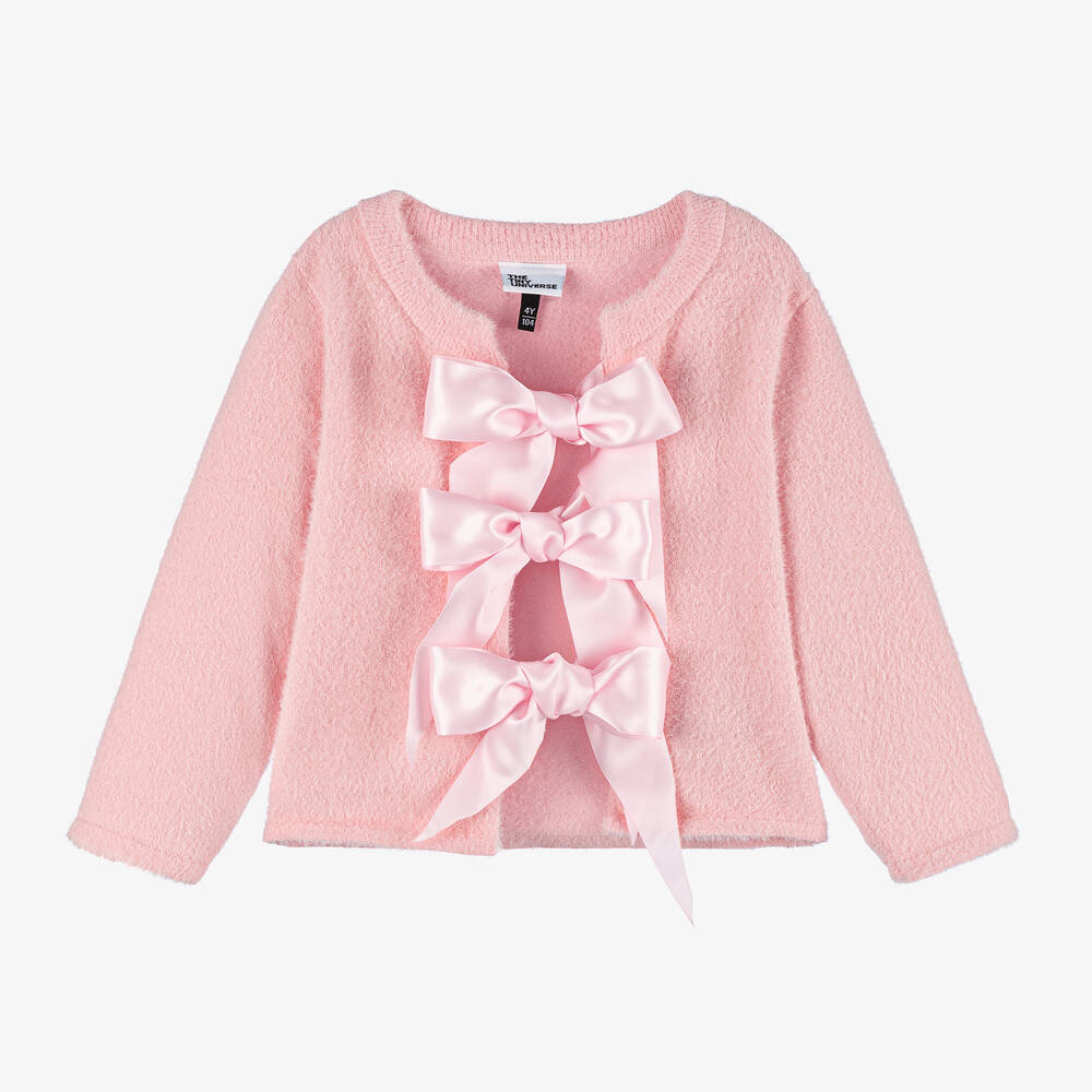 The Tiny Universe - Girls Pink Knitted Bow Cardigan | Childrensalon