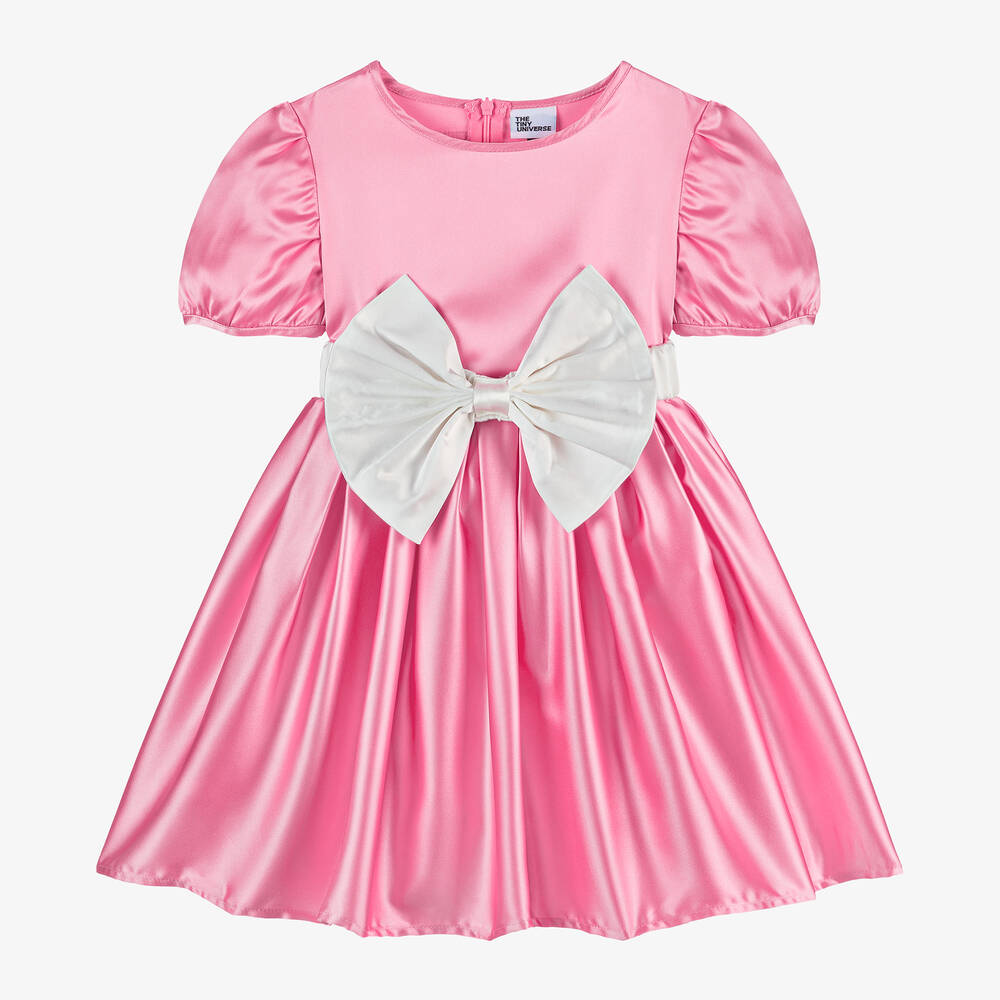 The Tiny Universe - Girls Pink Satin Bow Dress | Childrensalon