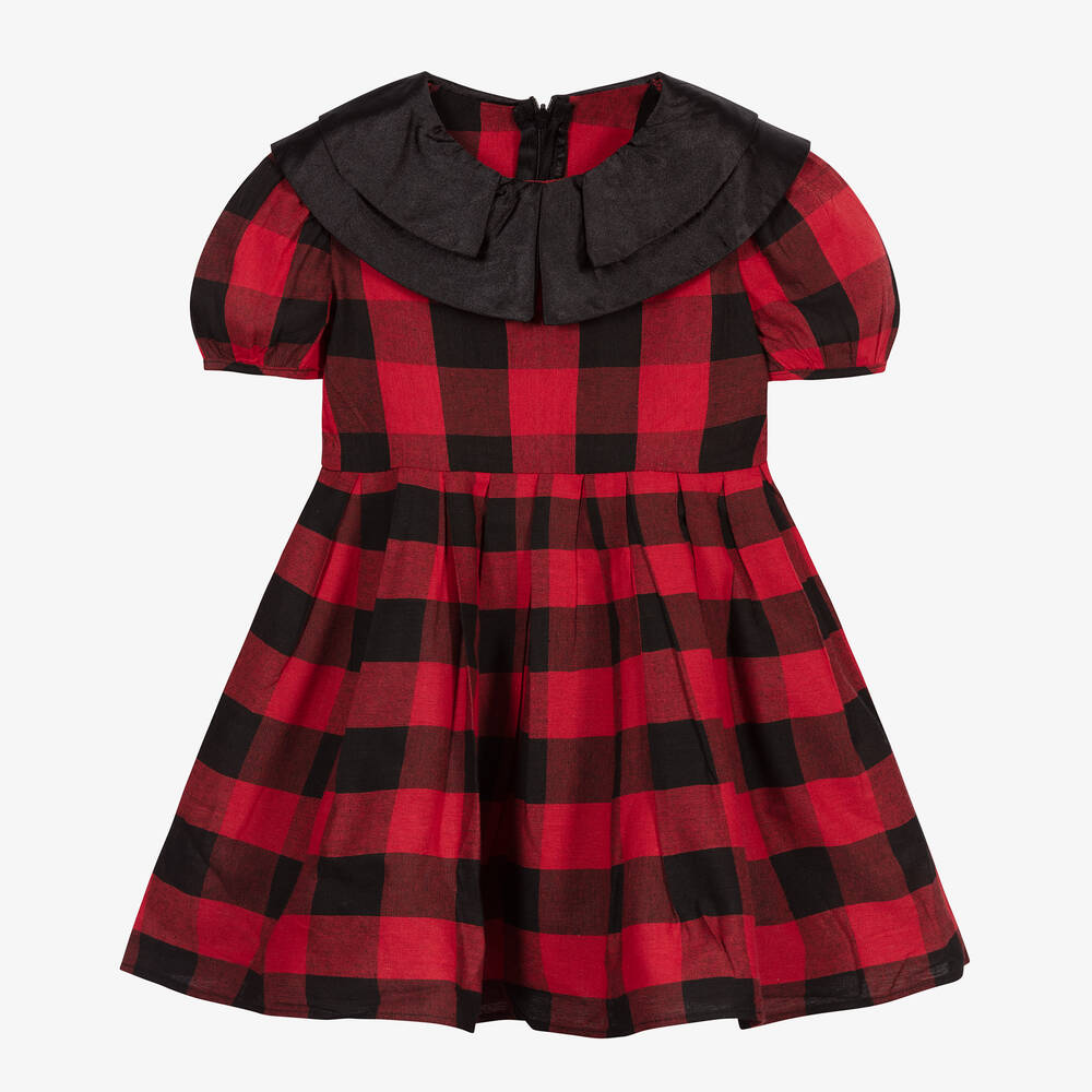 The Tiny Universe - Girls Red Check Cotton Dress | Childrensalon