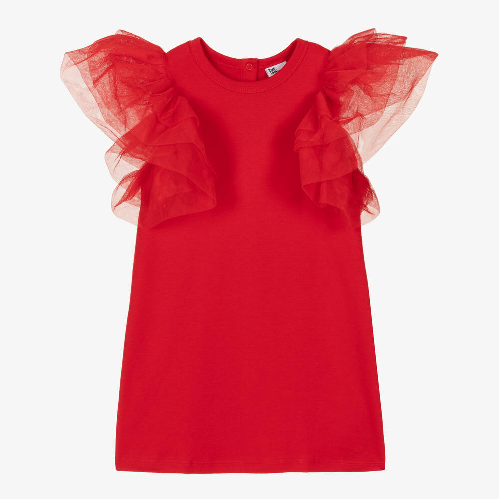 The Tiny Universe - Girls Red Cotton Jersey Ruffle Dress | Childrensalon