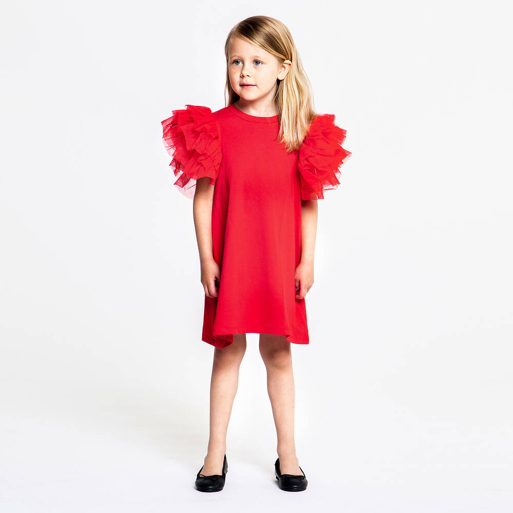 The Tiny Universe-Girls Red Cotton Jersey Ruffle Dress | Childrensalon