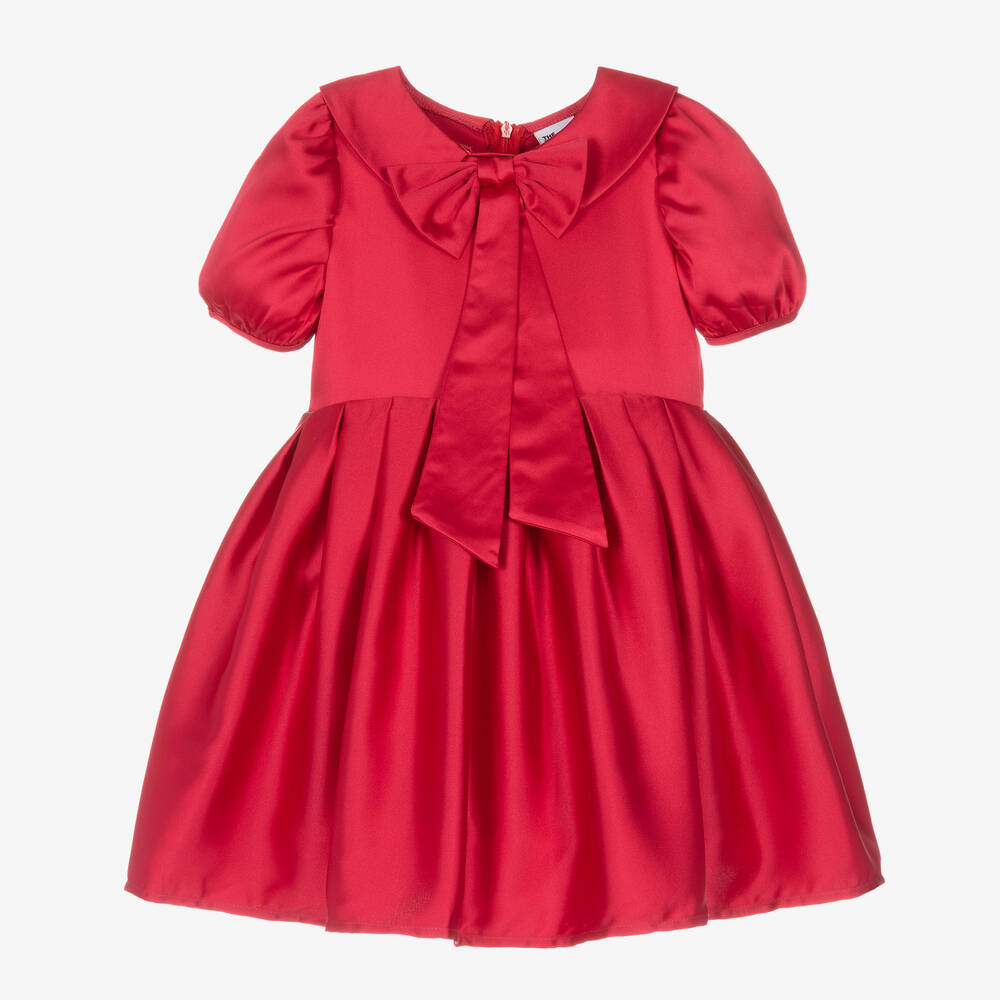 The Tiny Universe - Girls Red Satin Bow Collar Dress | Childrensalon