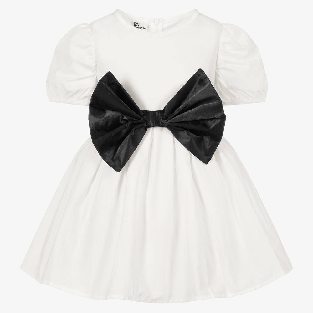 The Tiny Universe - Girls White Cotton & Black Bow Dress | Childrensalon