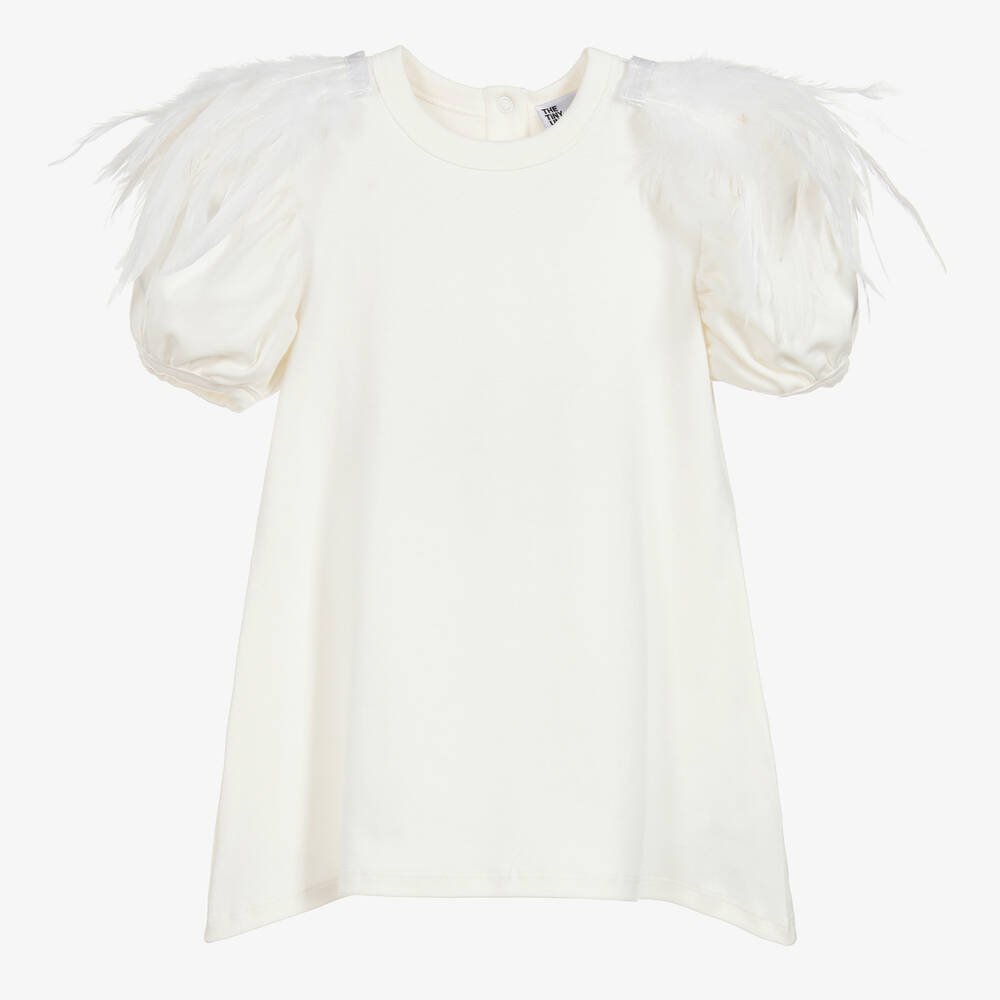 The Tiny Universe - Girls White Cotton & Feather Dress | Childrensalon