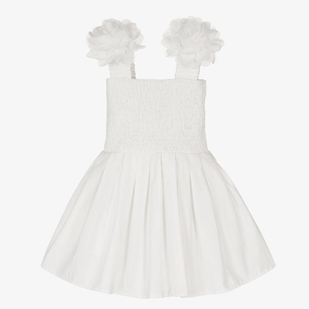 The Tiny Universe - Girls White Cotton Flower Dress | Childrensalon