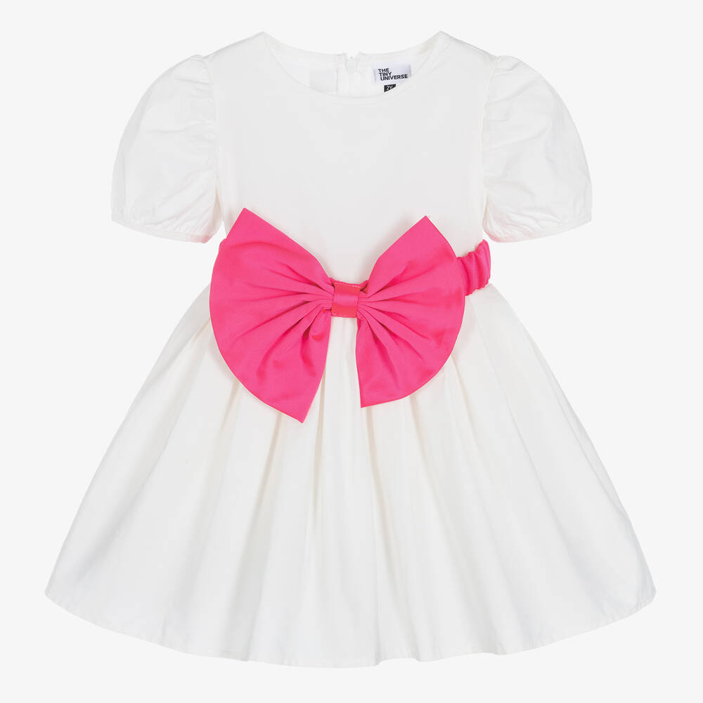 The Tiny Universe - Girls White Cotton & Pink Bow Dress | Childrensalon