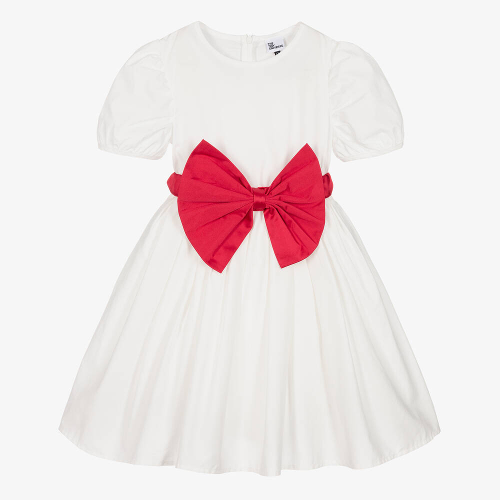 The Tiny Universe - Girls White Cotton & Red Bow Dress | Childrensalon