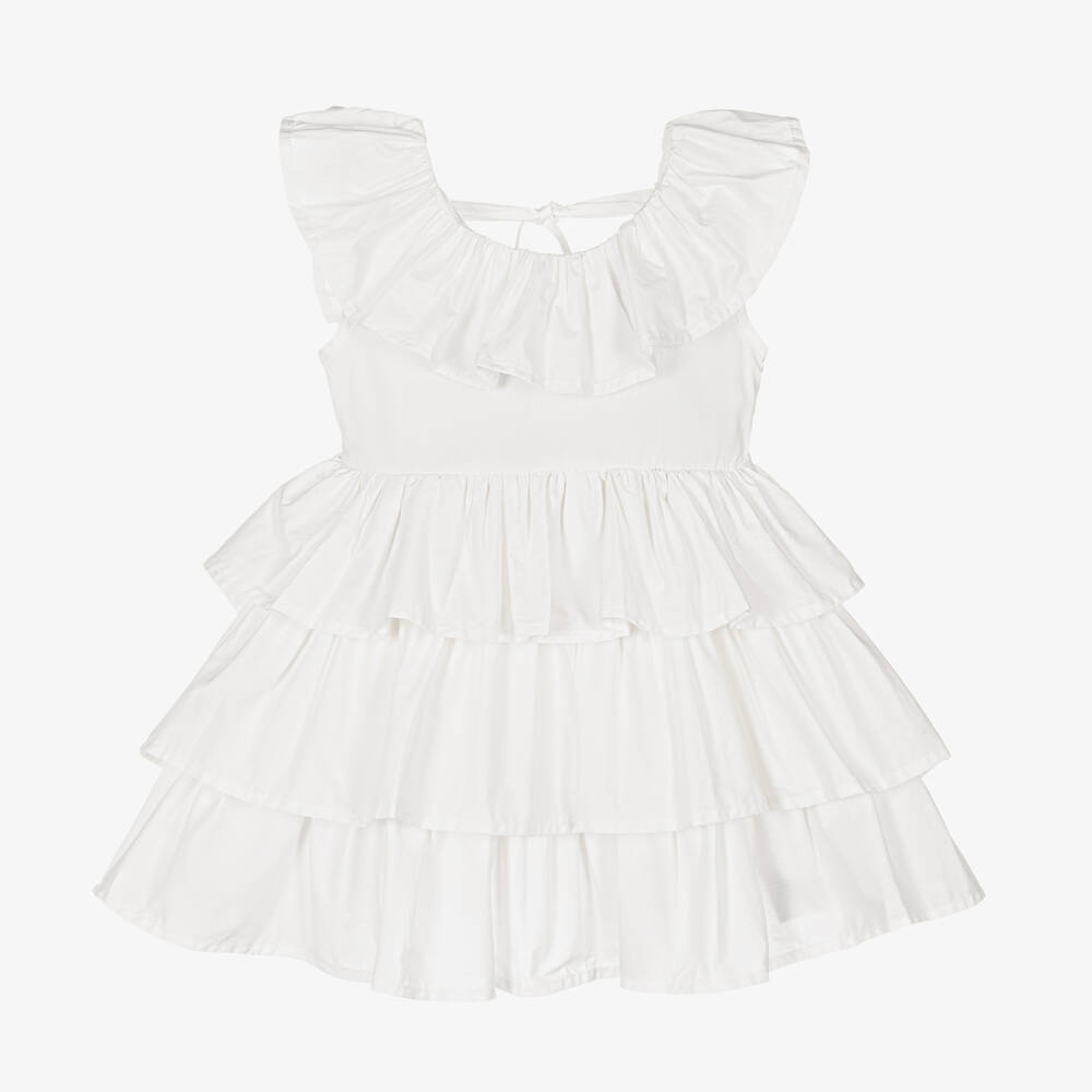 The Tiny Universe - Girls White Cotton Ruffle Dress | Childrensalon