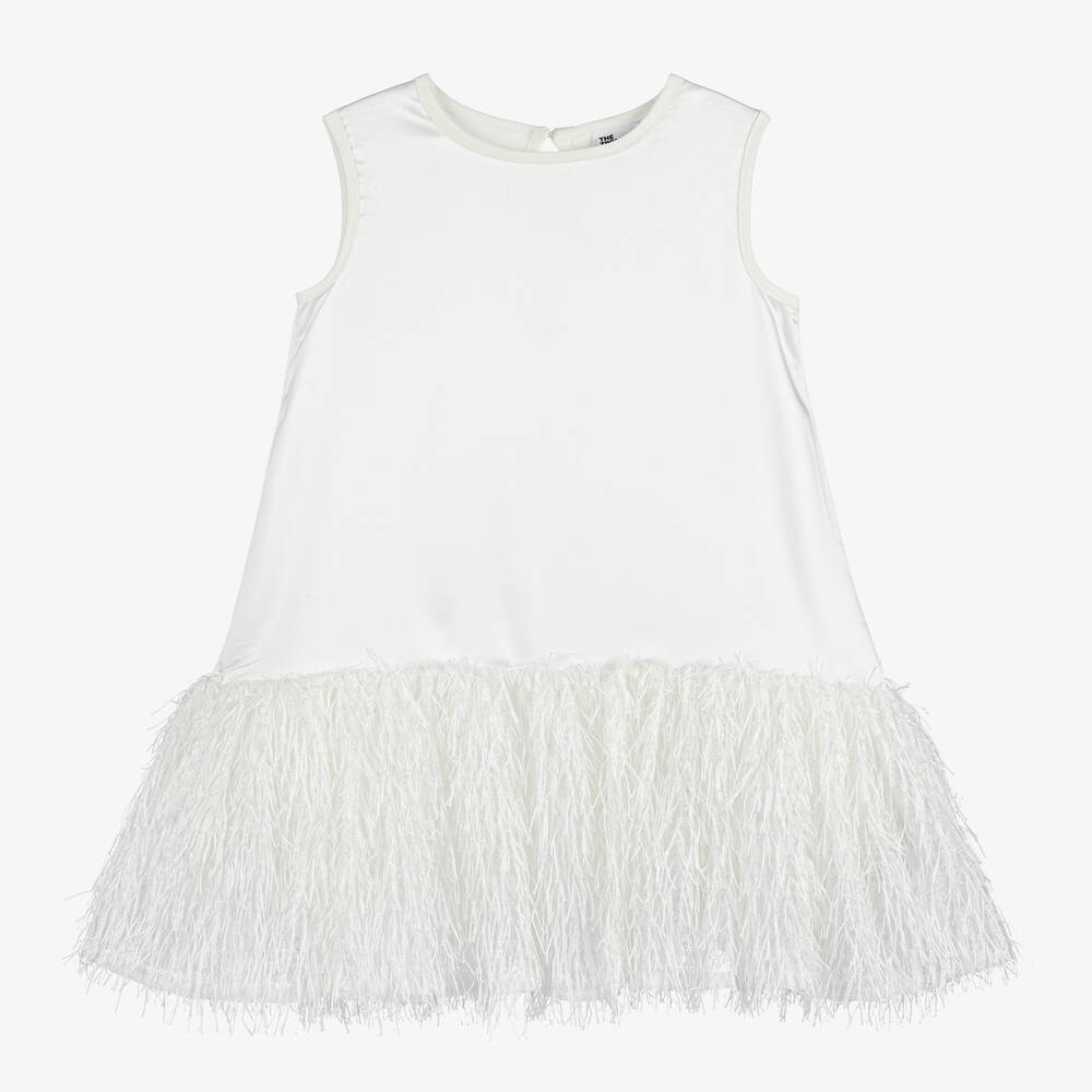 The Tiny Universe - Girls White Feathery Satin Dress | Childrensalon