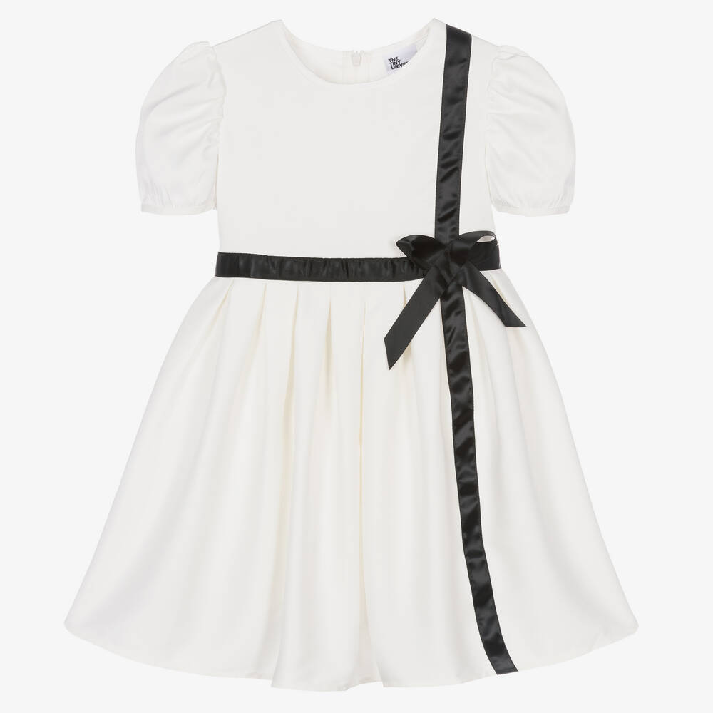 The Tiny Universe - Girls White Satin Bow Dress | Childrensalon