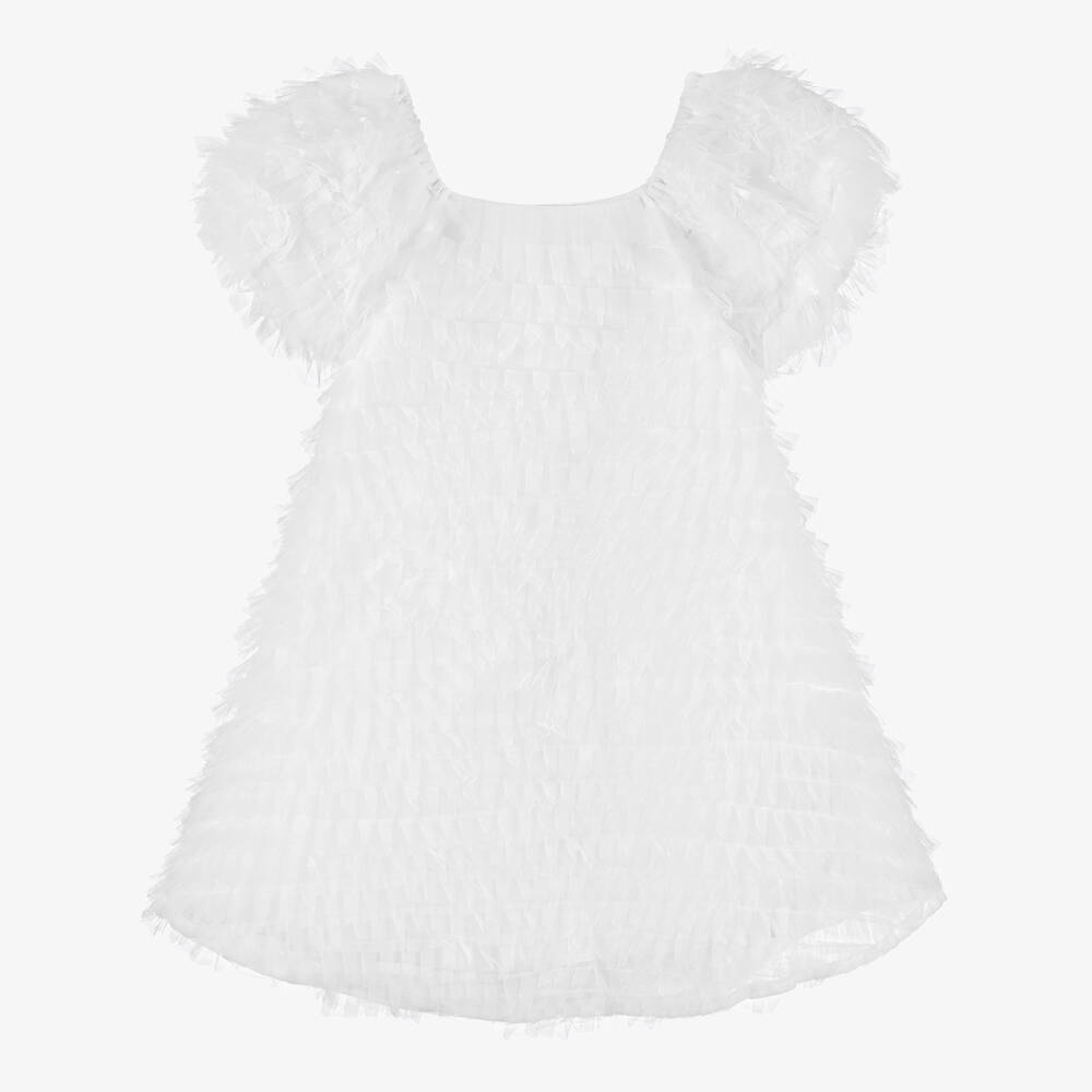 The Tiny Universe - Girls White Tulle Puffed Sleeve Dress | Childrensalon