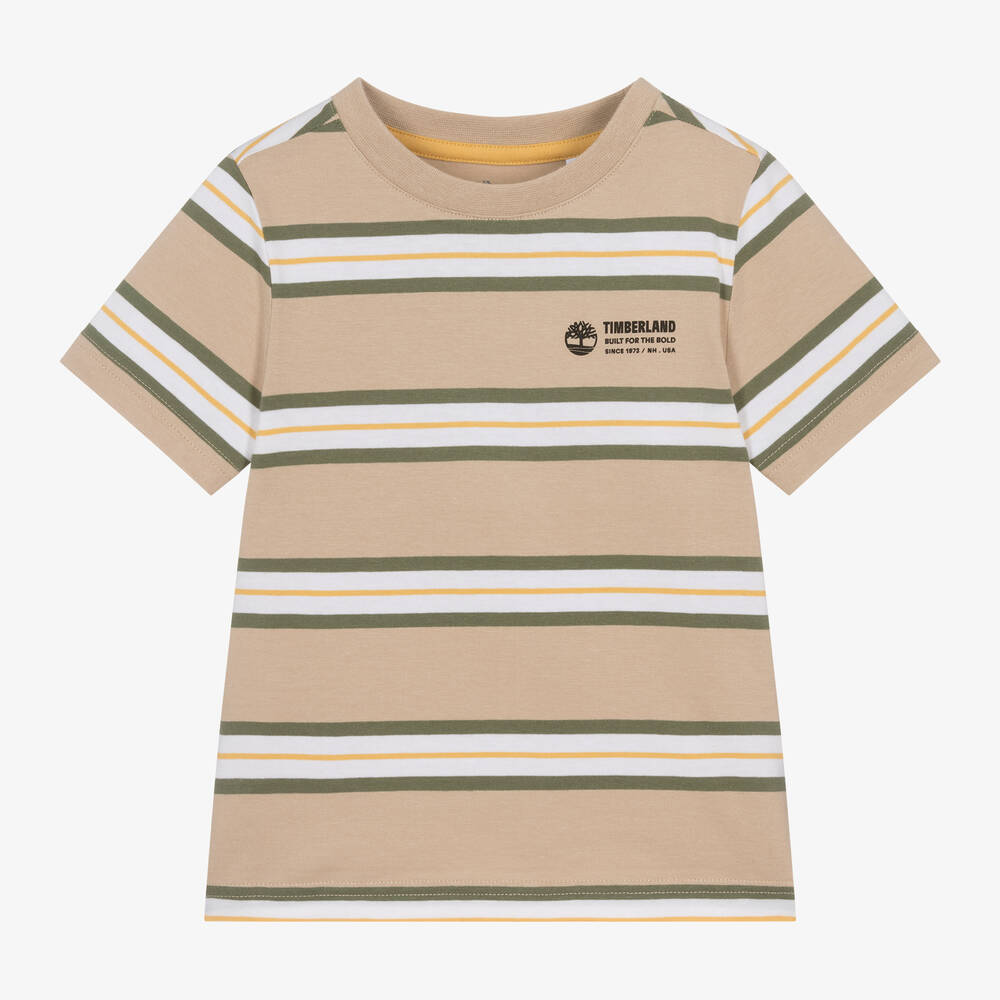 Timberland - تيشيرت قطن عضوي مقلم لون بيج للأولاد | Childrensalon