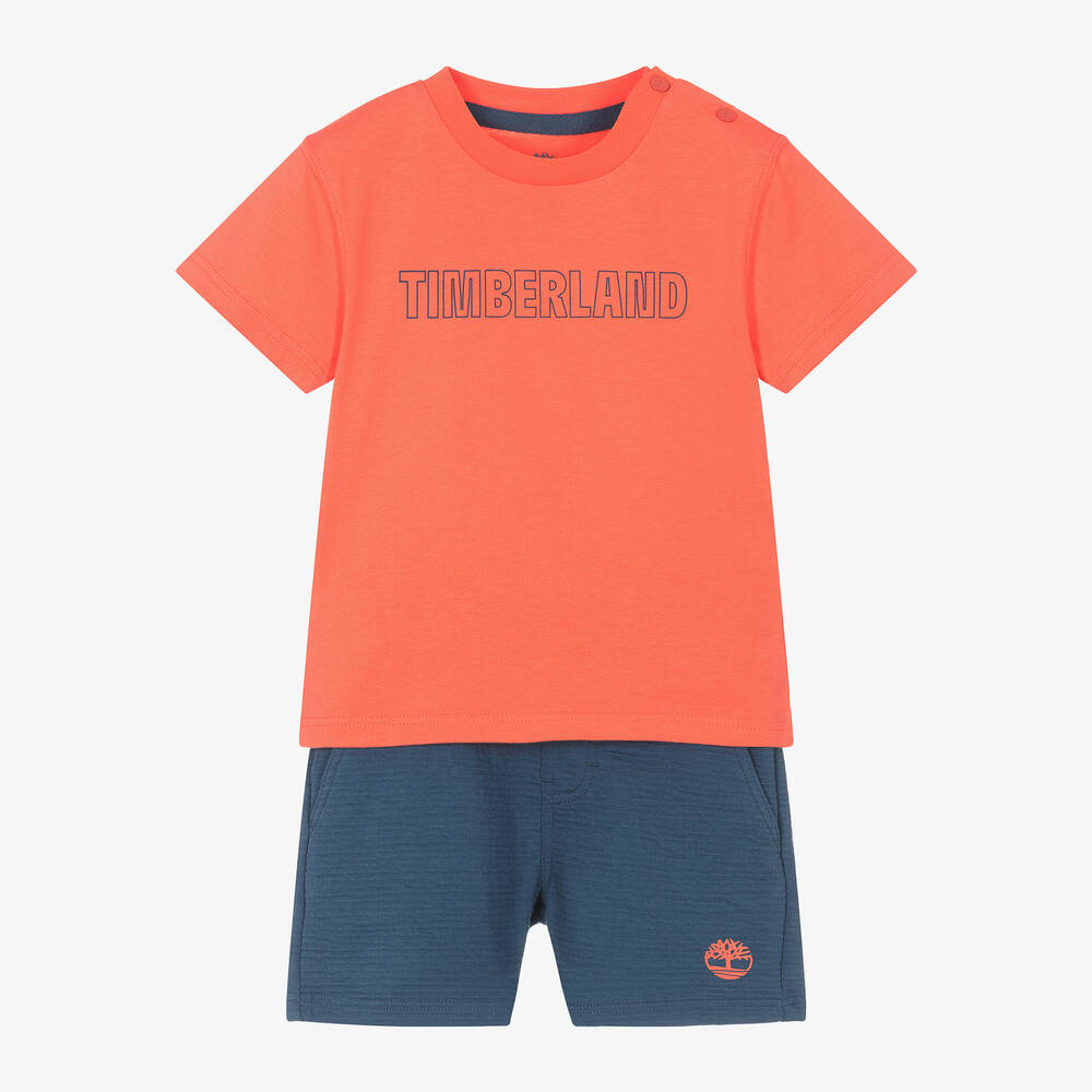 Timberland - Boys Coral Red & Blue Cotton Shorts Set | Childrensalon