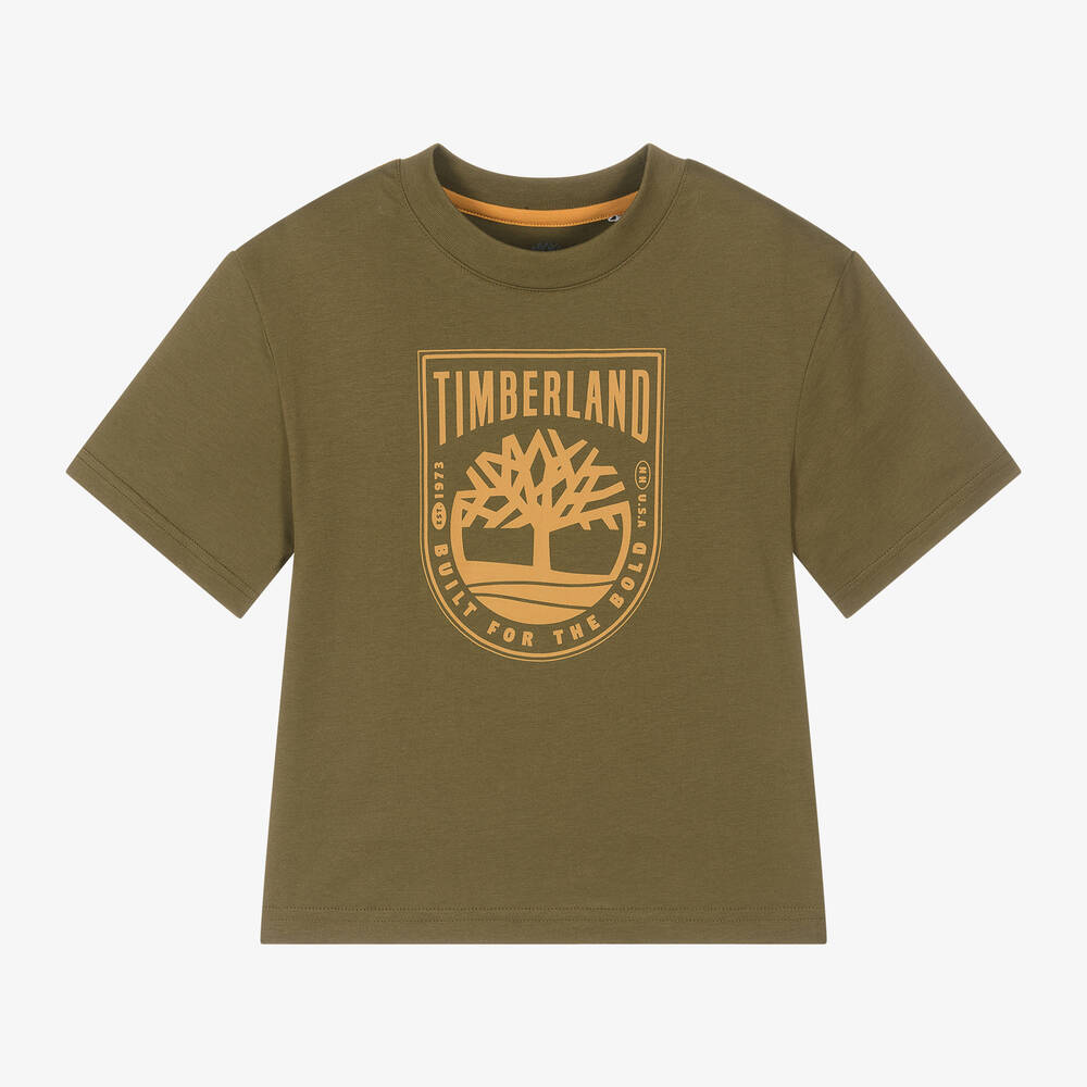 Timberland - تيشيرت قطني عضوي لون أخضر كاكي للأولاد | Childrensalon